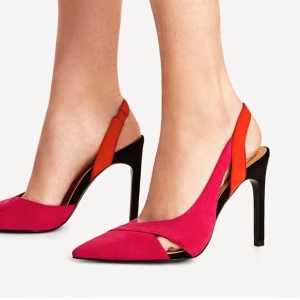 🆕 ZARA Trafaluc Color Block Slingback Suede Heels